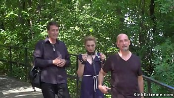 Czech sub Luca Bella with handcuffs on a leash ambled in public park at sea view then in public pub tied up and assfuck fucked
