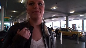 Hot blonde stunner catched on the airport and fucked for some cash